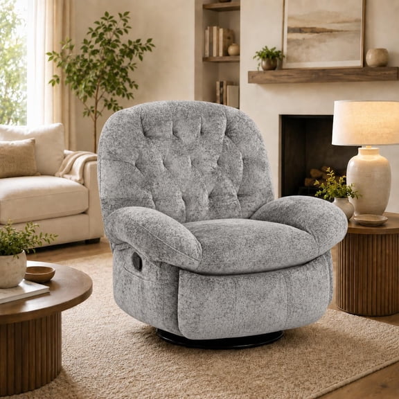 Boupower 360 Degree Swivel Rocker Recliner Chair,Soft Chenille Upholstered Manual Reclining Chair with Side Pocket Footrest for Living Room Bedroom