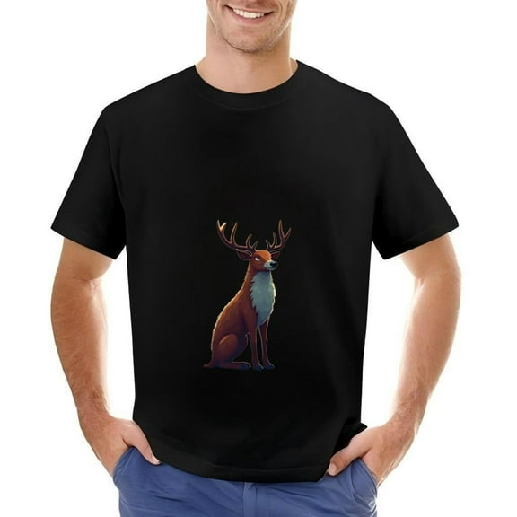 Stylish Cotton Short Sleeve T-Shirt for Men - Upright Deer Illustration with Antlers on Dark Background - Nature-Inspired Design