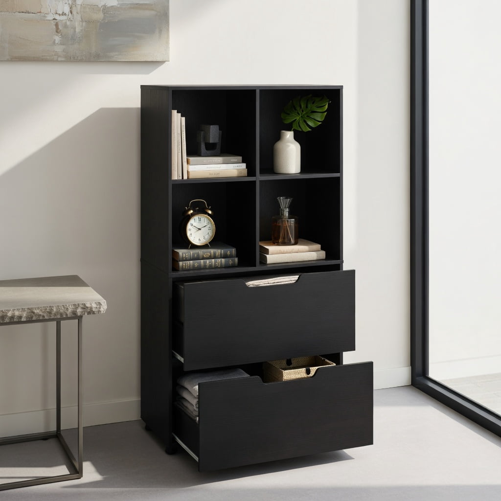 GVN 4-Cube Bookcase Storage Shelves with 2 Drawers, 51Inch 5-Tier Freestanding Bookshelf Stand for Living Room, Bedroom, Office Room, Study Room, Black