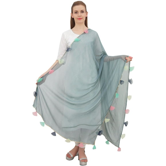 Phagun Chiffon Dupatta Indian Long Stole Throw Tassel Neck Wrap Chunni-Gray