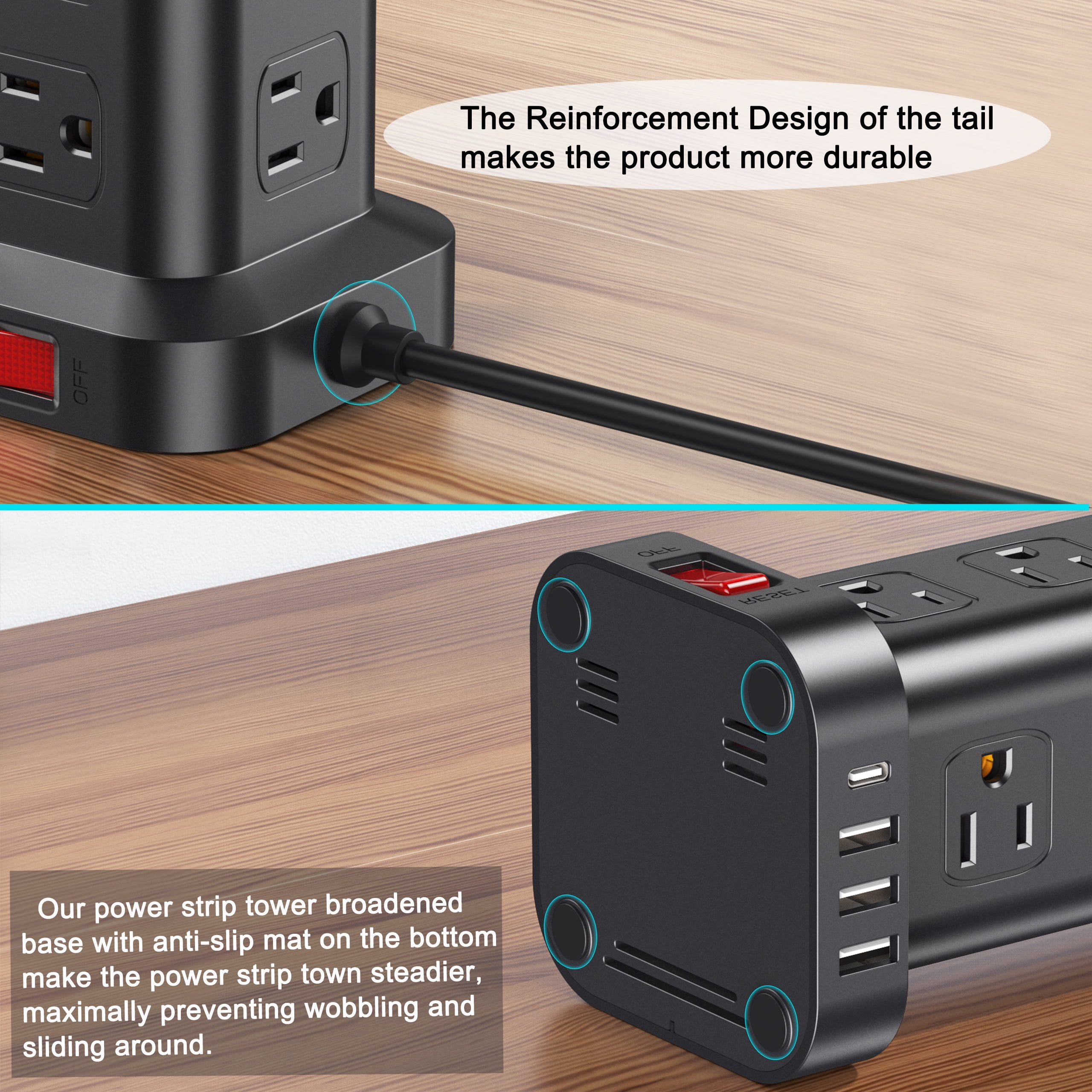 Power Strip Tower 12 Outlets with 4 USB Ports Surge Protector Electric Charging Station 6.5ft Cord, Black