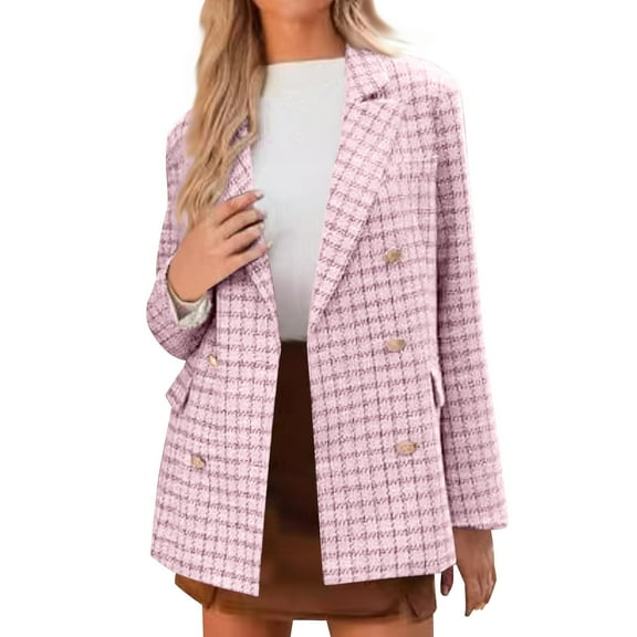 UAMVSH Plaid Cardigans Jackets for Women Trendy Fall Suit Coats Basic Long Sleeve Notch Collar Outerwear Casual Open Front Blazers(X-Large,Pink)