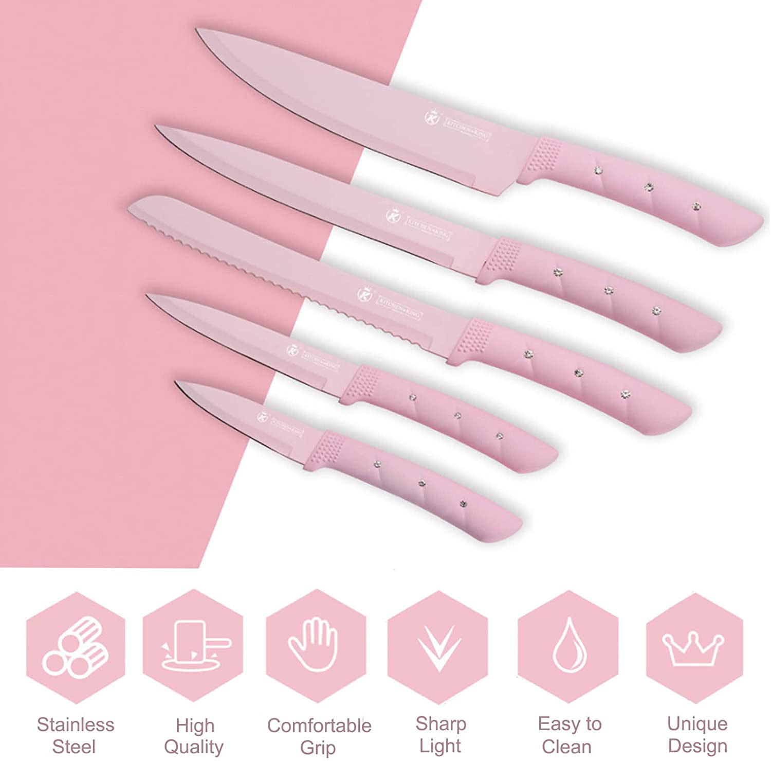 CHUYIREN Pink Knife Set of 6, Pink Kitchen Knives Sets with Knife Block, Chef Knife Set for Kitchen, Dorm,Camping, Hiking, Picnicking, BBQ Dining