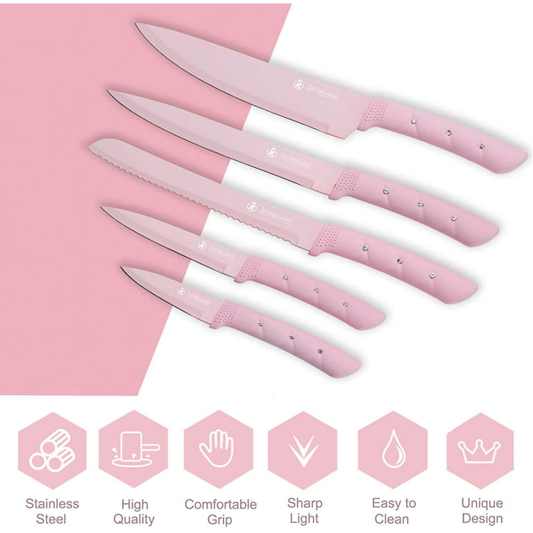 Kitchen Knife Set for Women, Retrosohoo Cute Pink 7-Pieces Sharp Stainless  Steel Chef Knife Set with Block for Kitchen, Non-stick Coating Knife Block