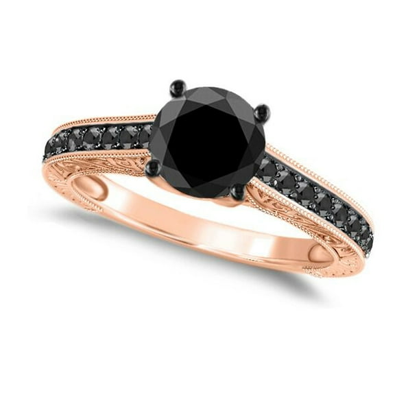 Aonejewelry 1.25 Ct Black Diamond Black Rhodium Plated Engagement Ring In 10K Rose Gold
