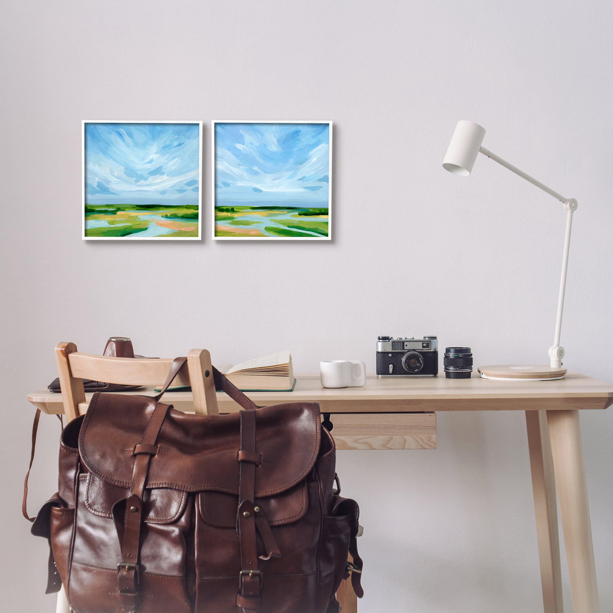 Stupell Industries River Landscape Painting Nature Painting White Framed Art Print Wall Art, 12 x 12, Set of 2