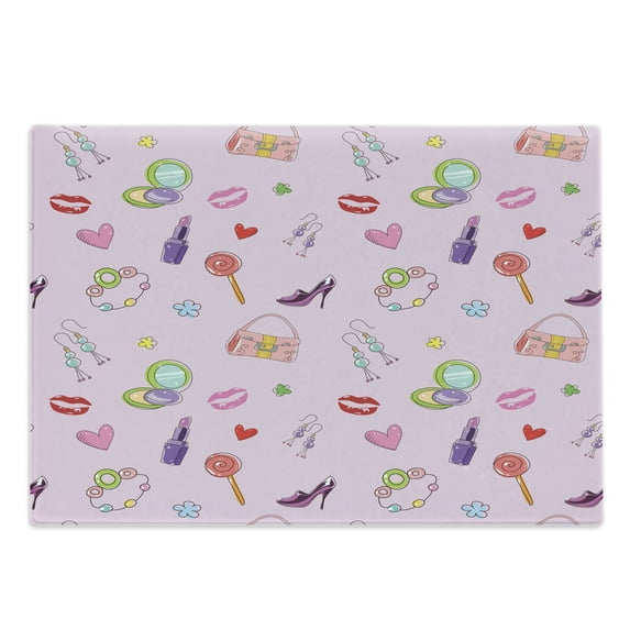 Cartoon Cutting Board, Girls Illustration with Fashion Accessories and Makeup Lollipop Flower Print, Decorative Tempered Glass Cutting and Serving Board, Large Size, Multicolor, by Ambesonne