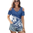 thumbnail image 2 of POLERO Blue Hibiscus Print Womens Cold Shoulder Summer Trendy Top Short Sleeve Shirt Sexy V Neck Blouse Casual Tee Basic TShirt Vacation Beach Tunic Soft Lightweight M, 2 of 8