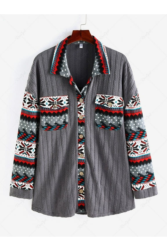 Plus Size Christmas Turndown Collar Pockets Snowflake Cable Knit Cardigan