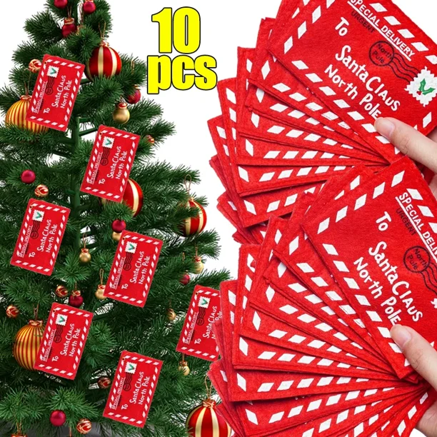 10 Sobres De Navidad Para Carta A Papá Noel - Fieltro Rojo, 12x8 Cm, Con Cordón Para árbol