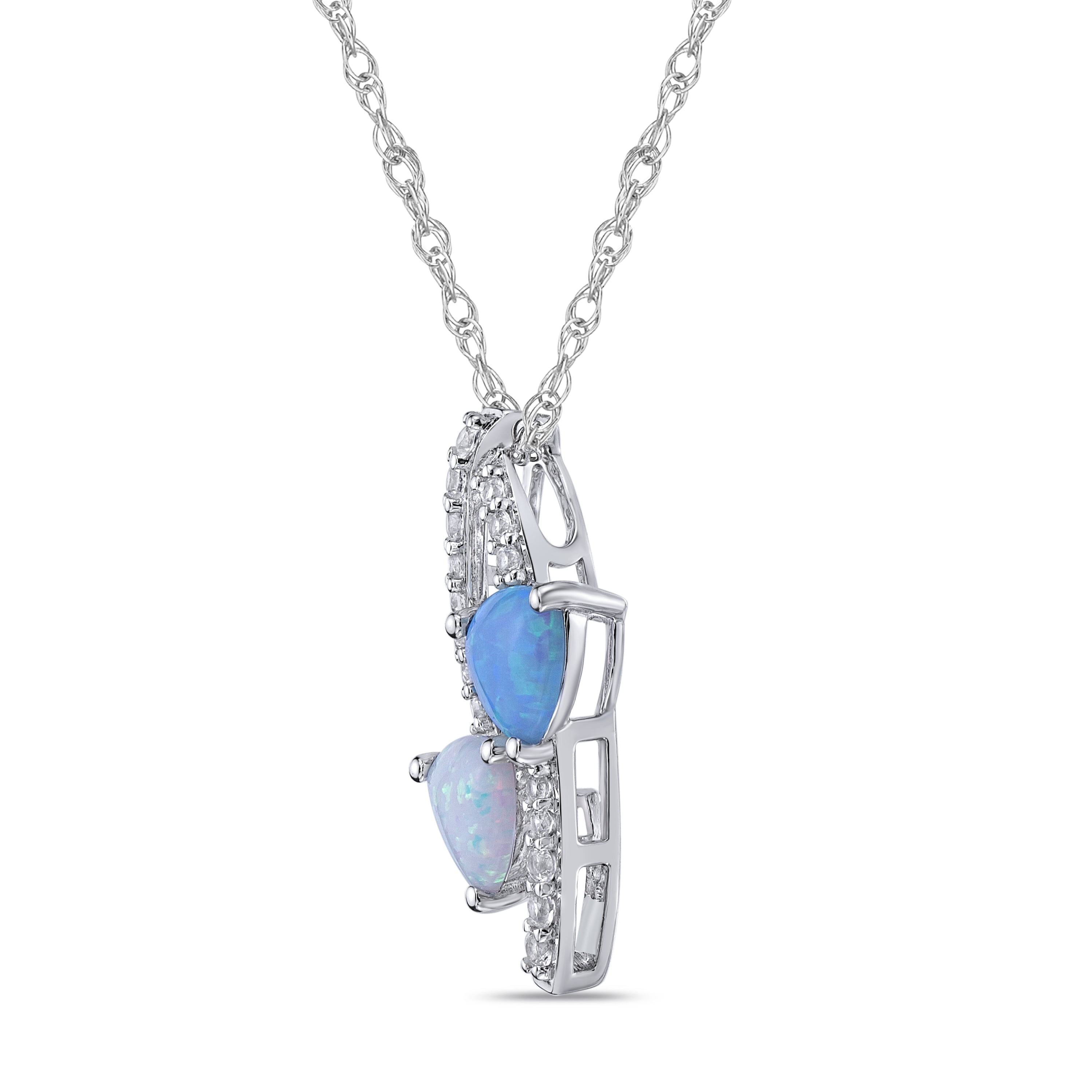 Brilliance Fine Jewelry Sterling Silver Double Bypass Hearts Created Blue & White Opal,  with Created White Sapphire accent Pendant with chain, 18"
