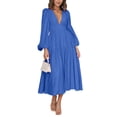 thumbnail image 1 of xiaxaixu Robe Longue Femme Couleur Unie Col en V Manches Longues Grande Balançoire Robe Boho Mode Printemps Automne Décontractée Ample Robe de Vacances, 1 of 7