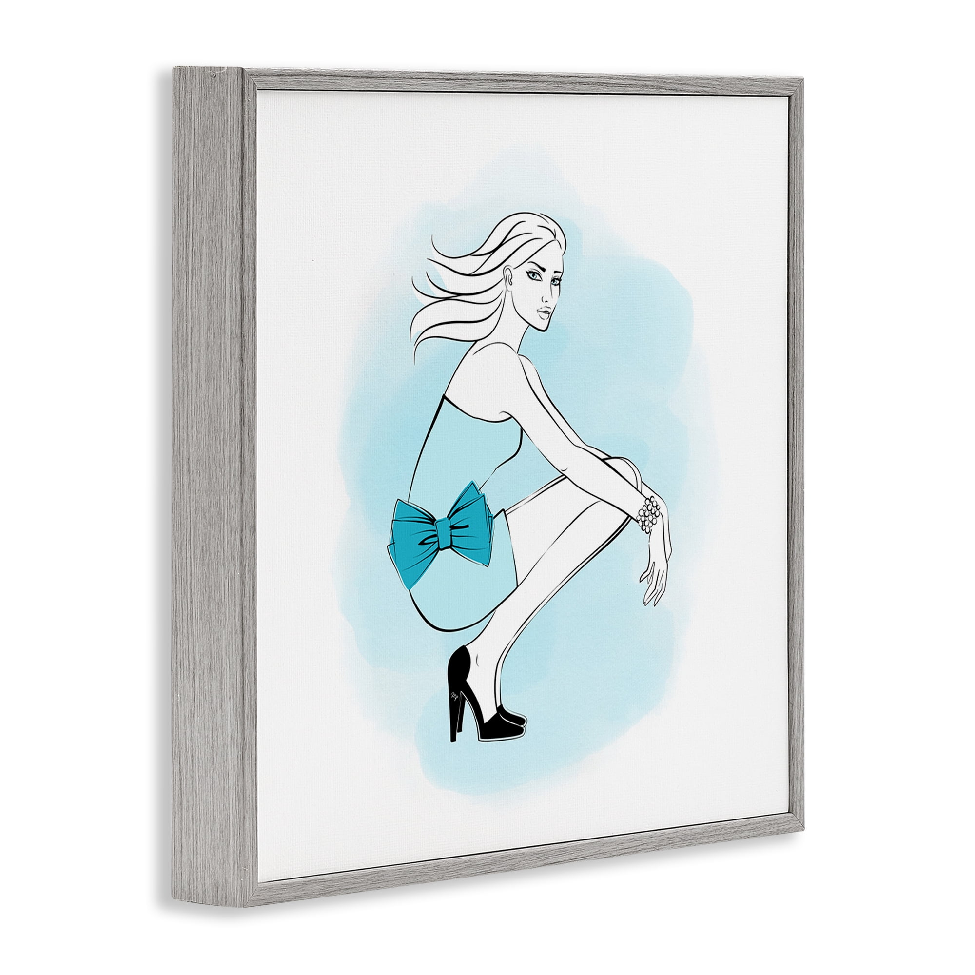 Stupell Industries Girl with Blue Bow Novelty Painting Gray Framed Art Print Wall Art, 17 x 17