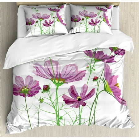 - Green Flower Duvet Cover Set, Cosmos Bipinnatus Pattern Spring Season Flora Asteraceae Bloom Botany Element, Decorative Bedding Set with Pillow Shams, Lilac Green, by Ambesonne