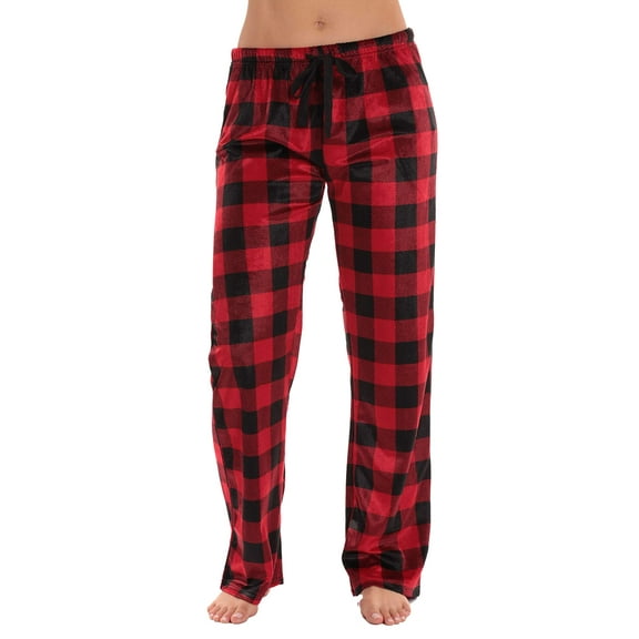 #followme Silky Fleece Buffalo Plaid Pajama Pants for Women (Red Buffalo Plaid, X-Large)