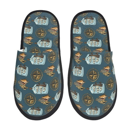 

Honeii Miniature Ship In Bottle print Slippers Memory Foam House Bedroom Slippers for Women and Men Fuzzy Plush Comfy Faux Fur Lined Slide Shoes-Large