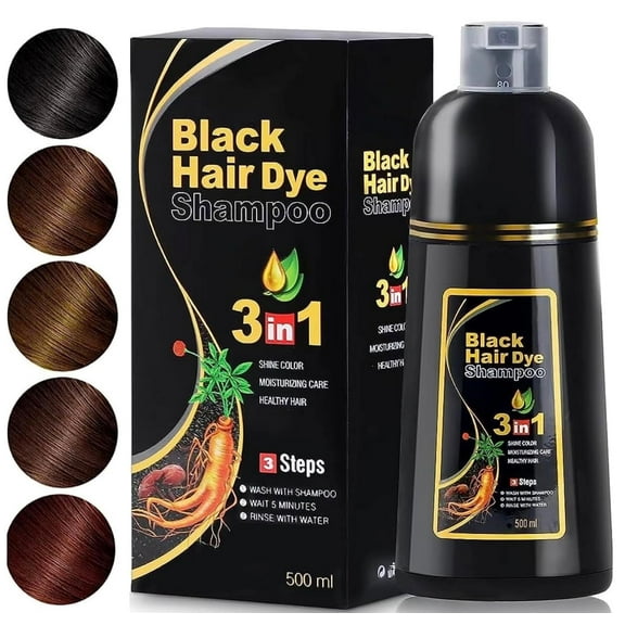 500ML Permanent Black Hair Color Dye Shampoo - Organic Natural Plant Essence for Women & Men, Covers Gray/White Hair, Instant 3-in-1 Hair Colouring Herbal Shampoo, 17 Fl Oz (BLACK)