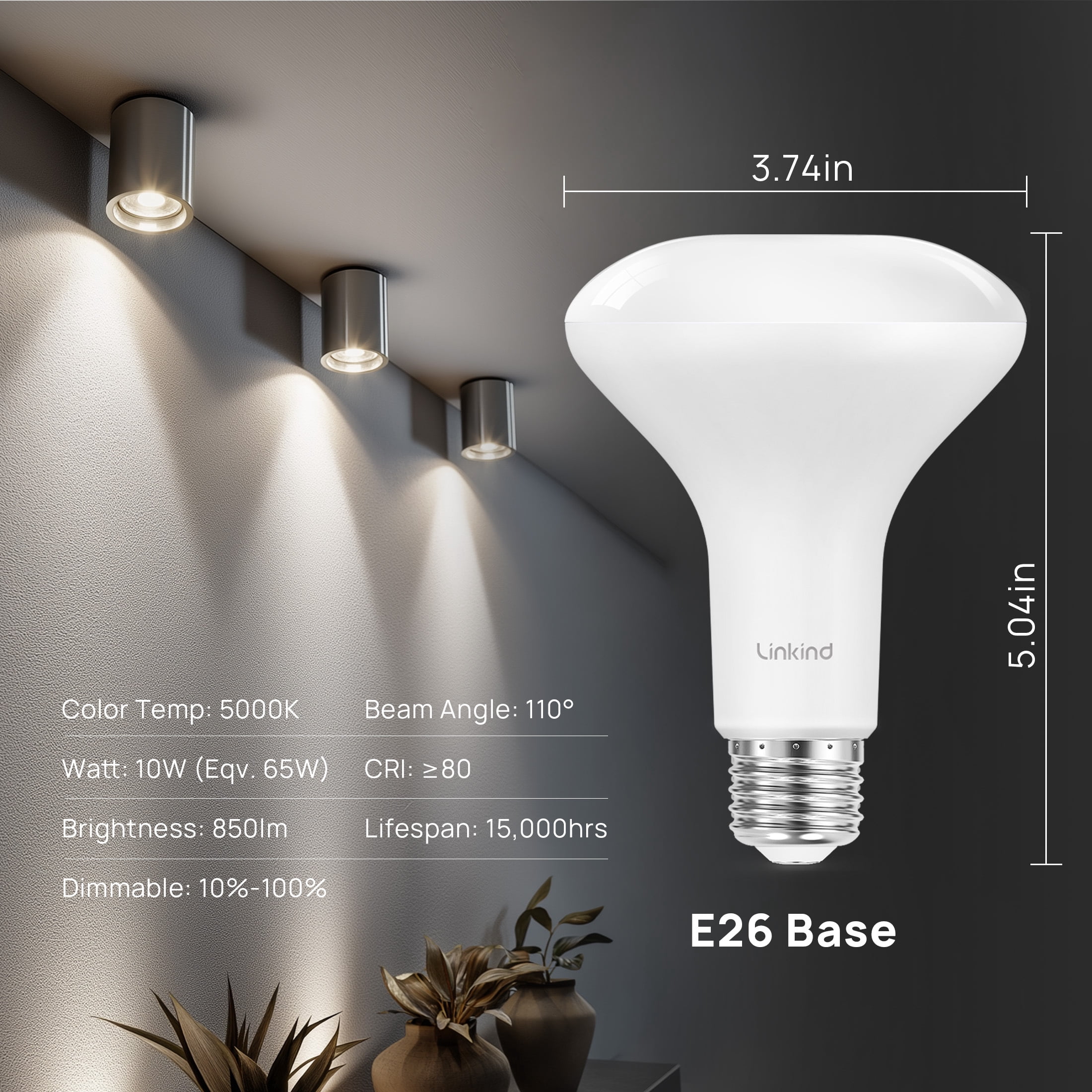 Linkind BR30 Led Bulbs 65W Equivalent, Dimmable Indoor Flood Lights Bulb, E26 Base, 5000K Daylight, 10W, 850 LM, Recessed Lighting Bulb for Ceiling, Recessed Can, Living Room and Kitchen, 12 Pack