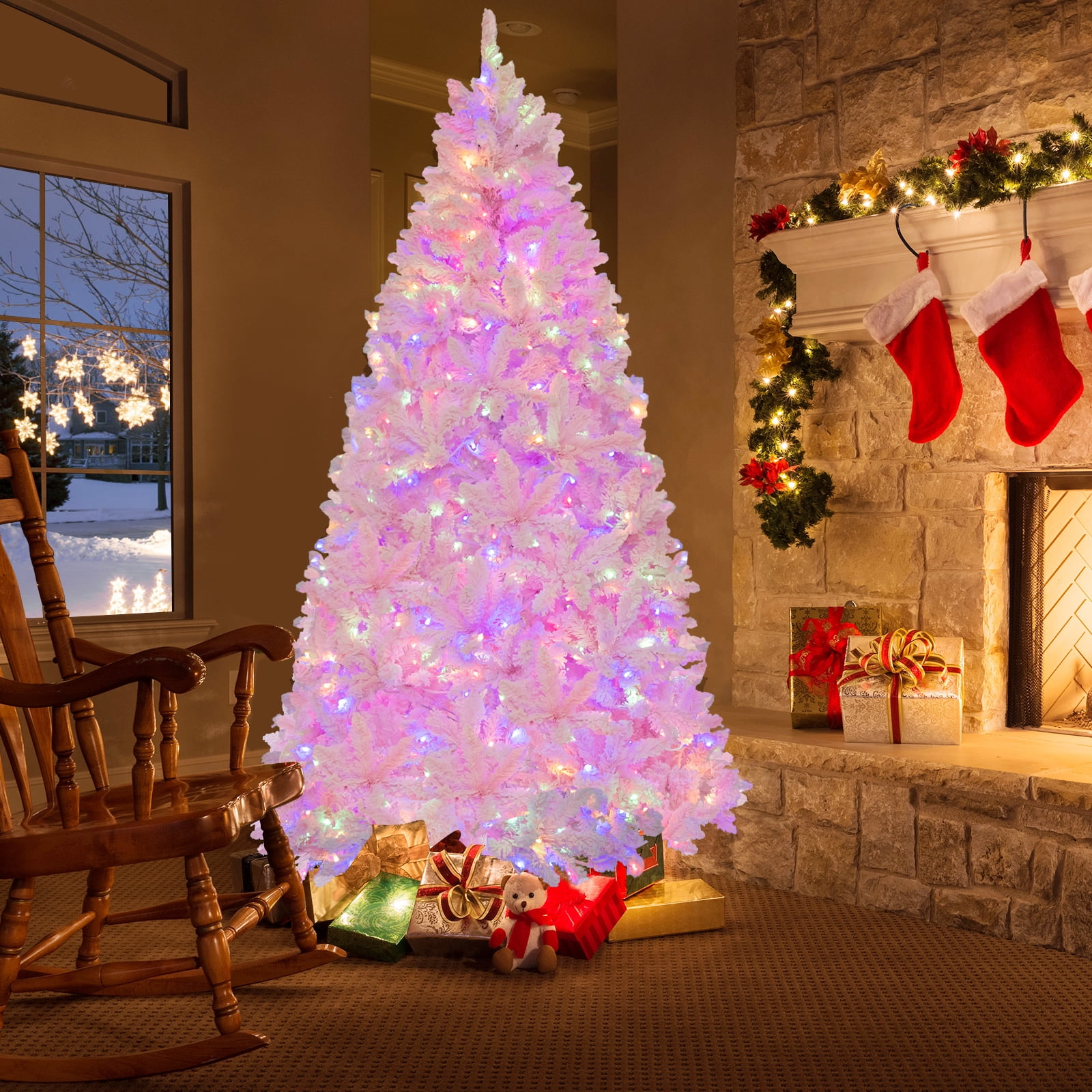Costway 7 FT Flocked Artificial Christmas Tree Hinged with 500 LED