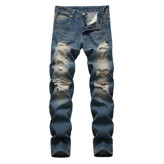 Miluxas Men's Ripped Distressed Destroyed Straight Fit Washed Denim Jeans Blue