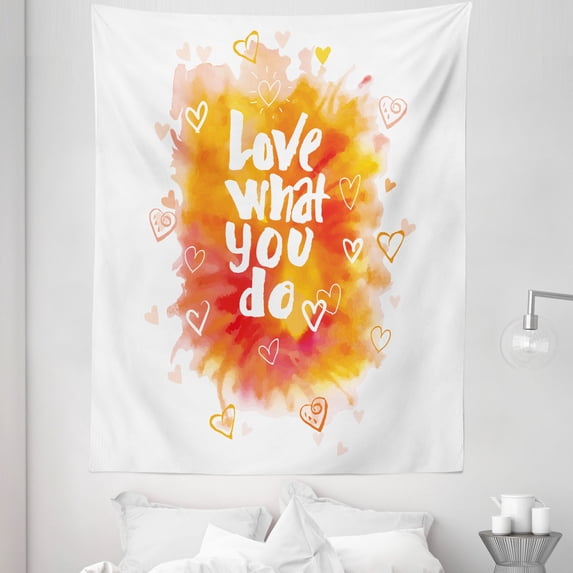 Saying Tapestry, Warm Color Splash Background with Hand Drawn Hearts, Fabric Wall Hanging Decor for Bedroom Living Room Dorm, 5 Sizes, Orange Yellow, by Ambesonne