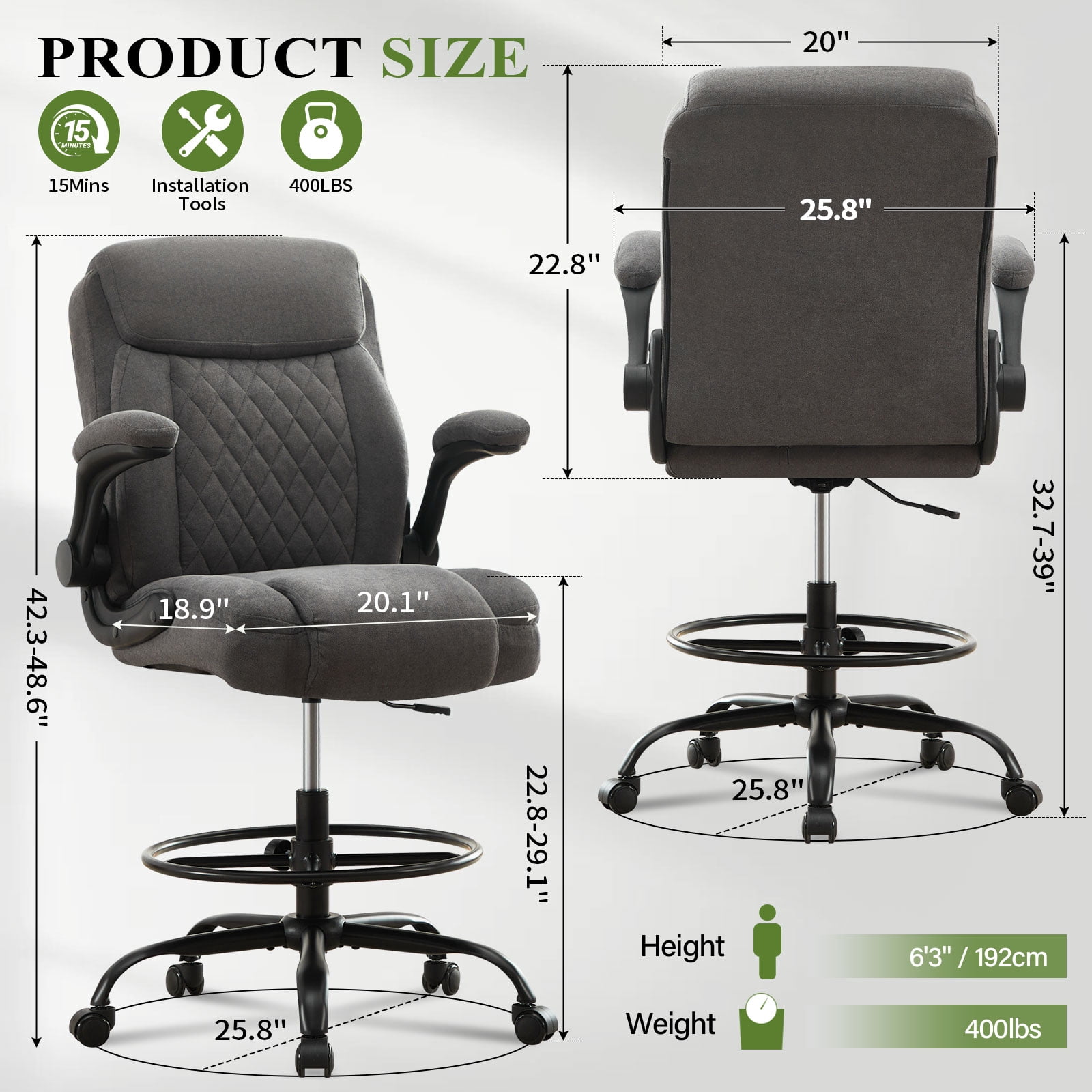 JONPONY Tall Office Chair for Standing Desk, Ergonomic High Office Chair with Adjustable Foot Ring, Flip-Up Armrests, Lumbar Support for Home office ,Dark Gray