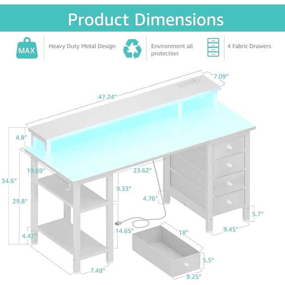 White Office Desk with Drawers, LED Lights, Power Outlets and Monitor Stand - 47 Inch Home Gaming Desk