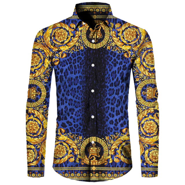 Camisas con estampado 3D de león dorado para hombre, Tops de manga larga con cuello vuelto y botones, ropa de calle de estilo barroco a la moda