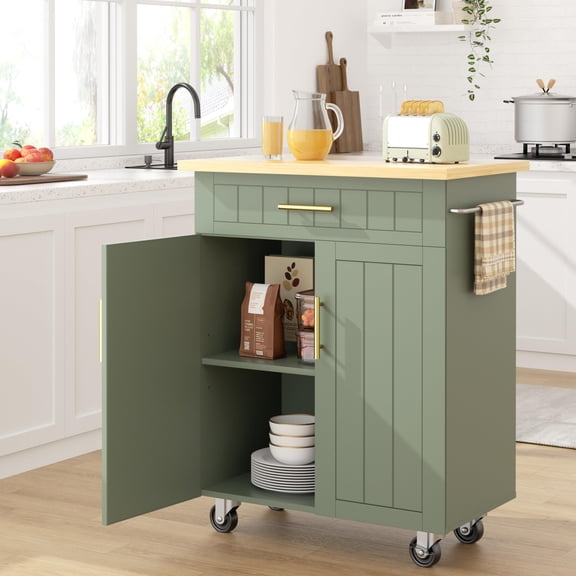 SHX828 Green Rolling Kitchen Island Cart with Storage & Drawer – 26