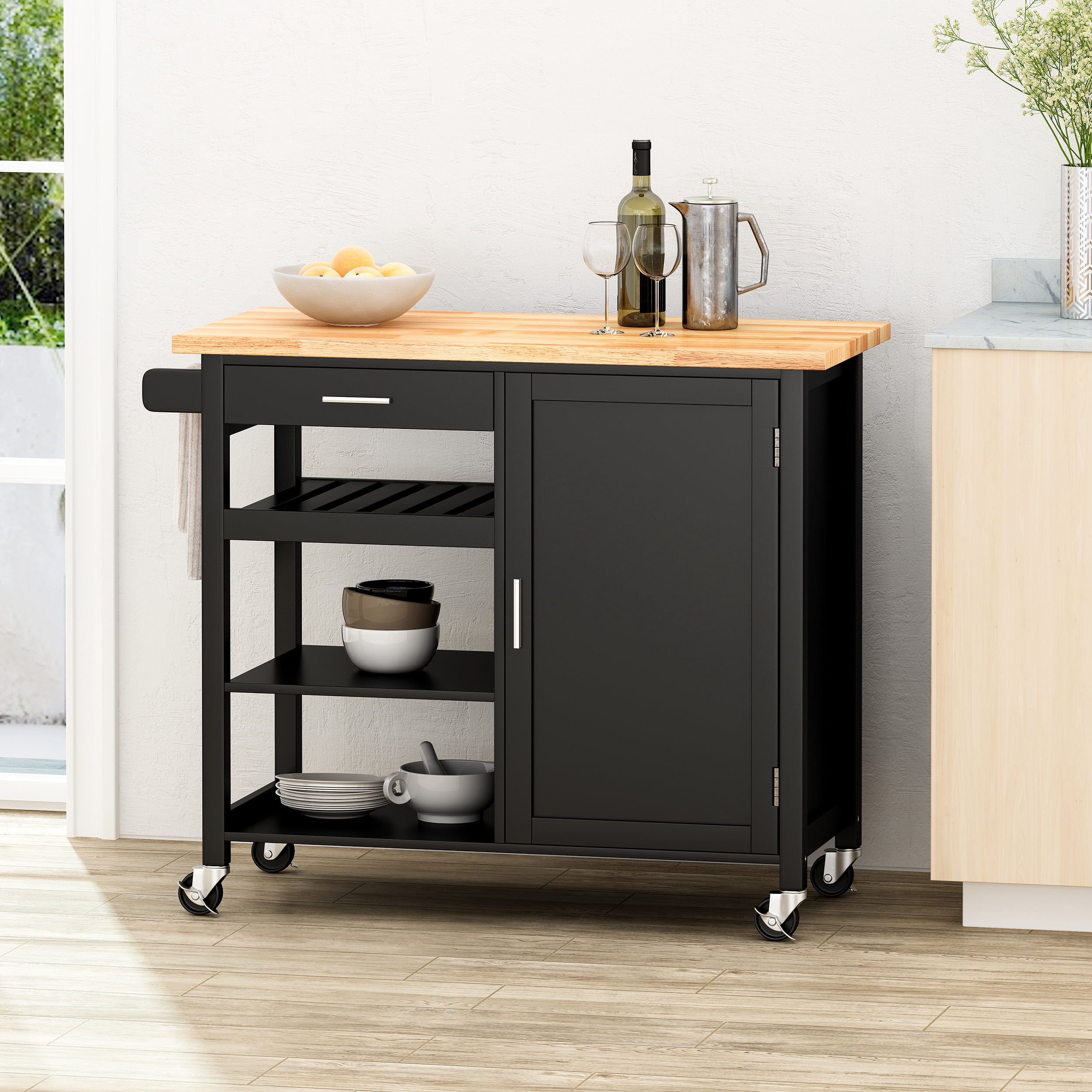Noble House Trystin Rubberwood Kitchen Cart, Black, Natural