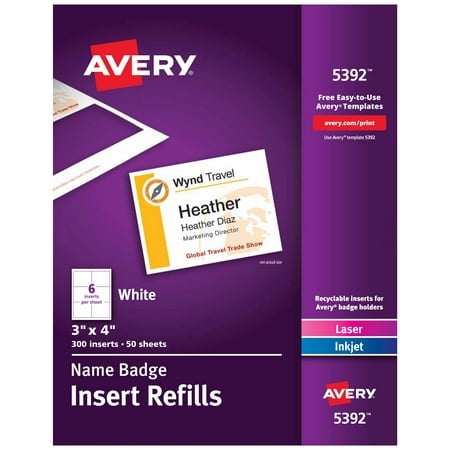 Avery Customizable Name Badge Inserts, 3" x 4", White, Packs of 300, 2 Packs, 600 Printable Name Tag Inserts Total (35392)