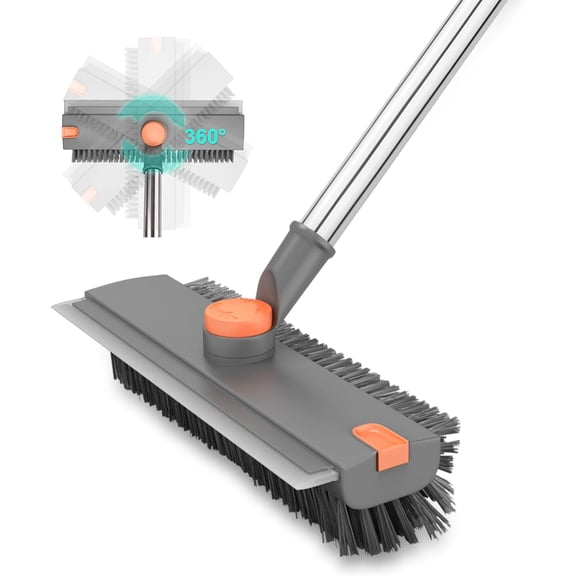Floor Scrub Brush with Long Handle, 3 in 1 Stiff Bristles Deck Brush 360° Rotating Floor Scrubber with Squeegee, Tweezer for Clean Patio, Deck, Tile, Concrete, Balcony Outdoor