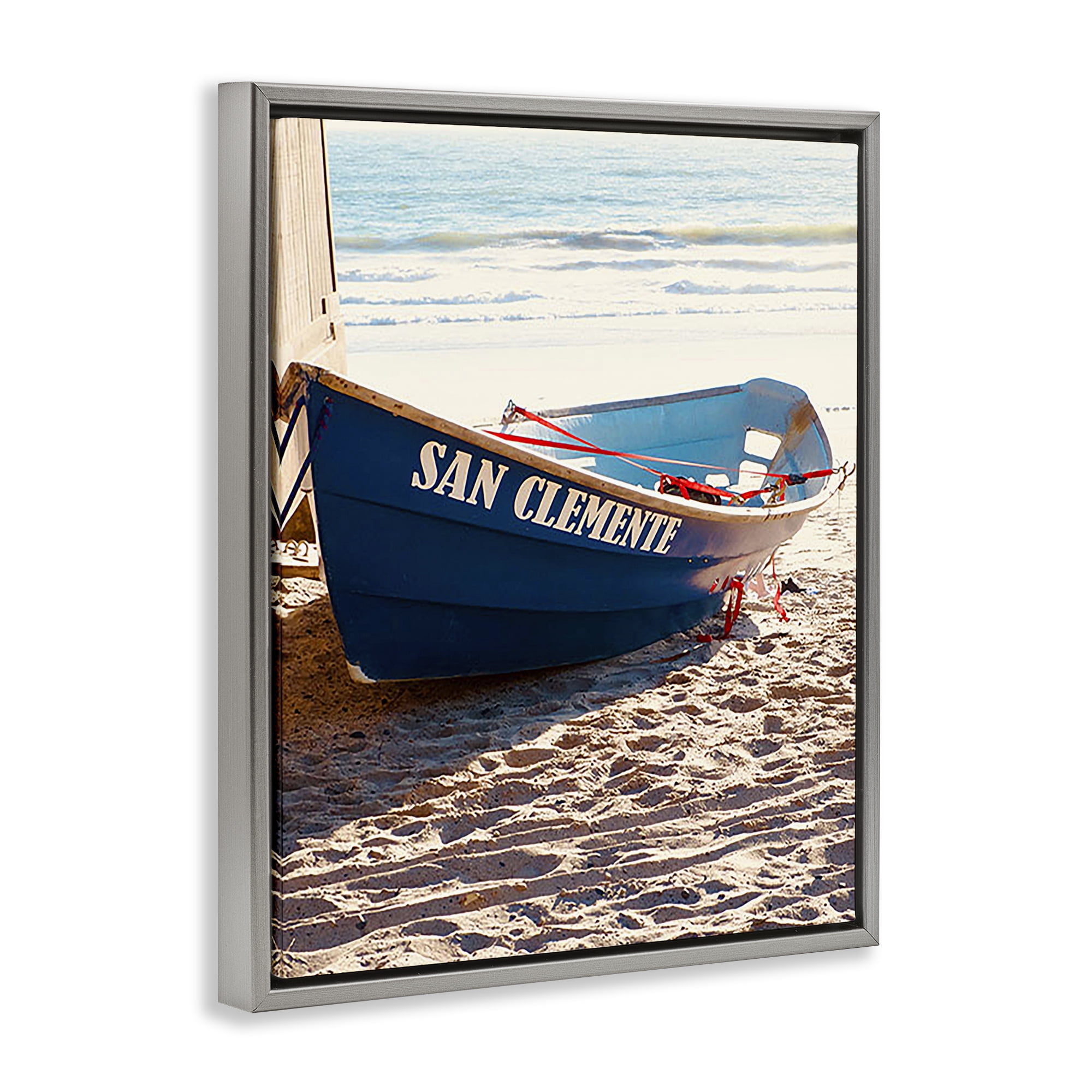 Stupell Industries Blue Boat on Sand Transportation Photography Gray Floater Framed Canvas Art Print Wall Art, 17 x 21