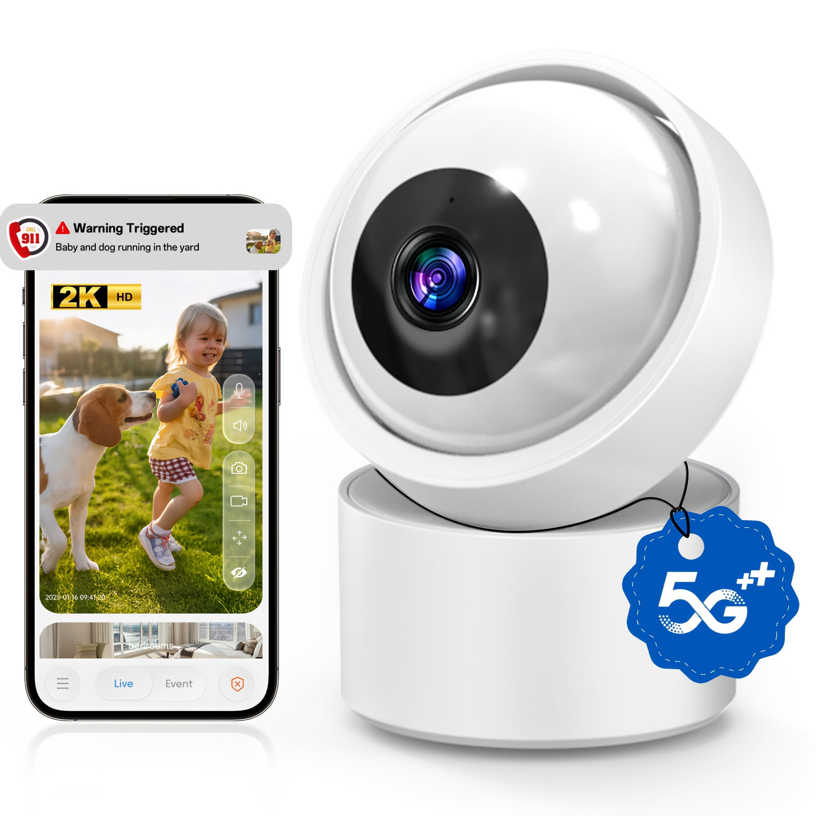 2K HD Smart Globe Security Camera with Audio, 360° Night Vision, Motion Detection for Indoor/Outdoor, Pet & Baby Monitor, Home Surveillance Gift