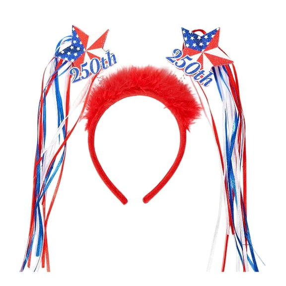 Homellea 4th of July Patriotic Headband, 9.64 Inch Red White Blue Star Hair Hoop with 250 Year Anniversary Ribbon Streamers for Independence Day, Memorial Day, Parade and Party Decor