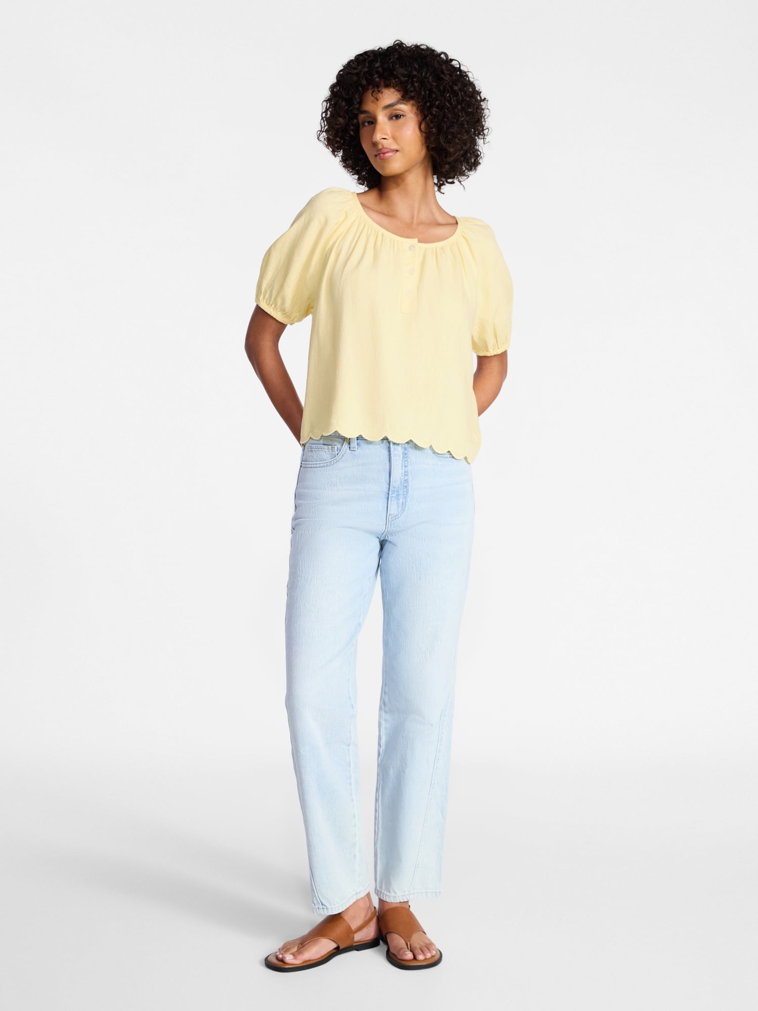 Time and Tru Women's Linen Blend Blouse with Scalloped Hem, Sizes XS-XXXL