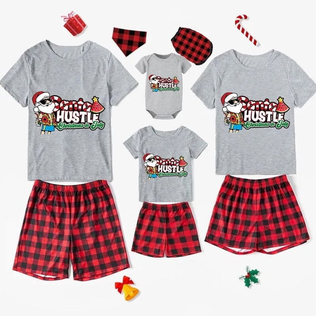 Pijamas familiares a juego de Navidad, Santa Hustle Christams en julio, conjuntos de Pijamas cortos grises