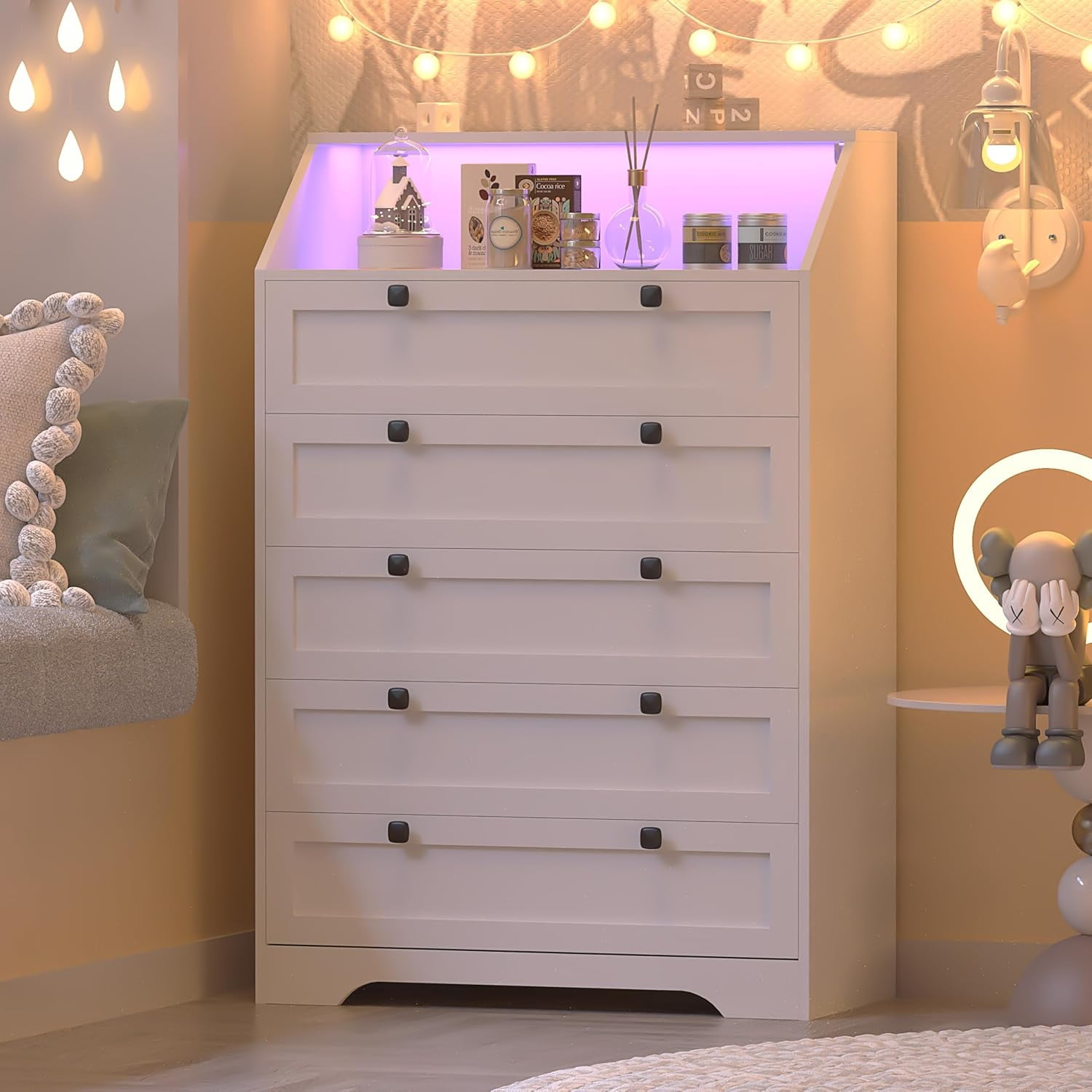 FANRAL 5 Drawers Dresser for Bedroom,Tall Dresser Modern Chest of Drawers with LED Open Shelf,Wood Closet Clothes Organizer Storage Cabinet,White Dresser