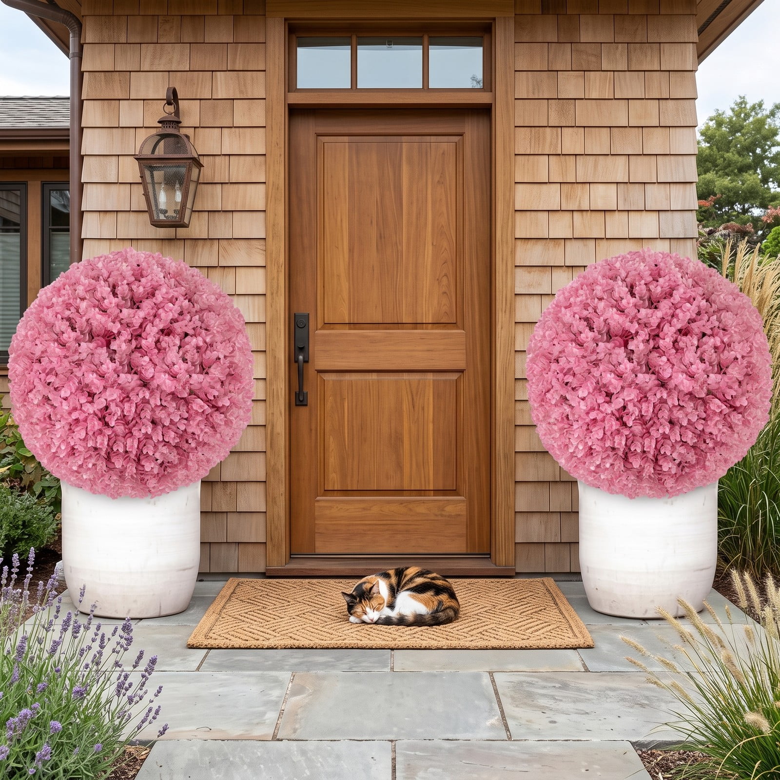 ALPULON 17.5 Inch Faux Purple Eucalyptus Topiary Ball, 7-Layer Leaves Artificial Decorative Greenery Sphere for Backyard Porch Garden Wedding Doorway Lawn, Pink