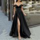 thumbnail image 2 of Vestido de verano con hombros descubiertos para fiesta, graduación, abertura alta, sexy, escote en V, vestido de noche para mujer, túnica plisada lisa, vestidos elegantes largos para mujer, 2 of 5