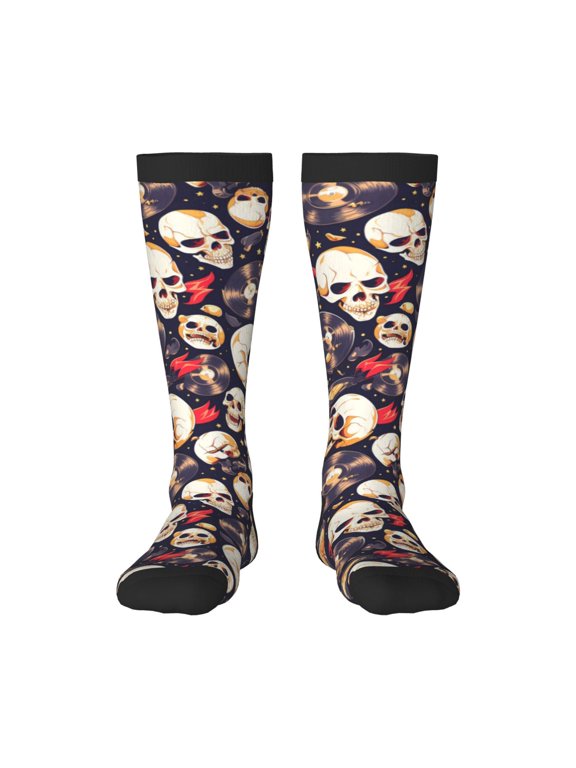 Guitar Skull record print thigh-high socks, crafted for both men and women with a stretchy, high-opaque design perfect for daily wear