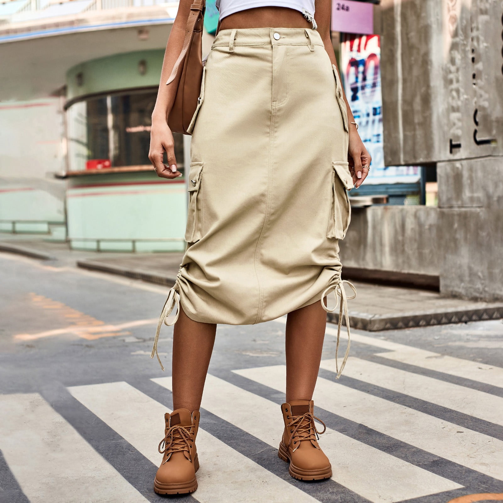 nsendm Female Skirt Adult Leather Skater Skirts for Women Trendy Denim Tie Work Dress Casual Mid Length Skirt Bed Skirt Twin Bed Khaki L Walmart