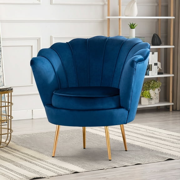 Navy Velvet Upholstered Blue Arm Chair Scalloped Accent Chair Vertical with Golden Metal Legs, Set of 1