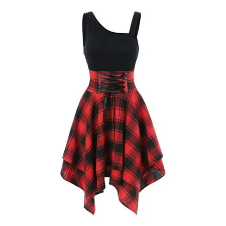 

Summer Dresses for Women Fashion Cool Lace-up Short-sleeved Irregular Hem Plaid Stitching Dress Red S