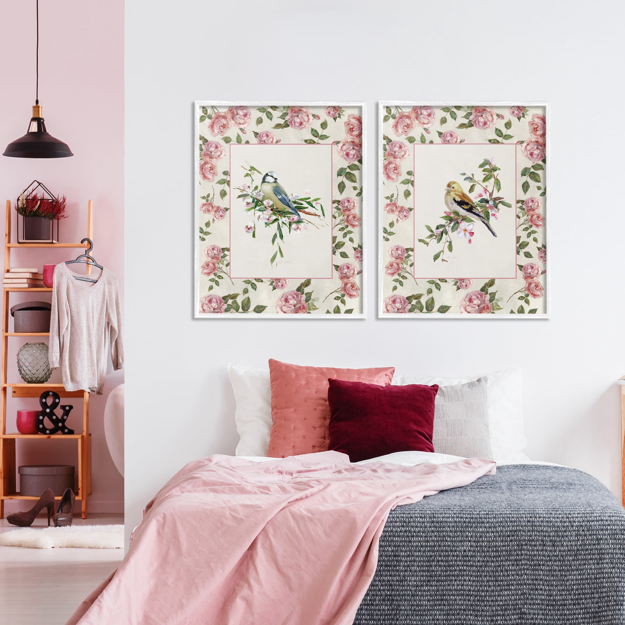Stupell Industries Dainty Roses & Birds 2 Piece White Framed Giclee Art Set, design by Sally Swatland