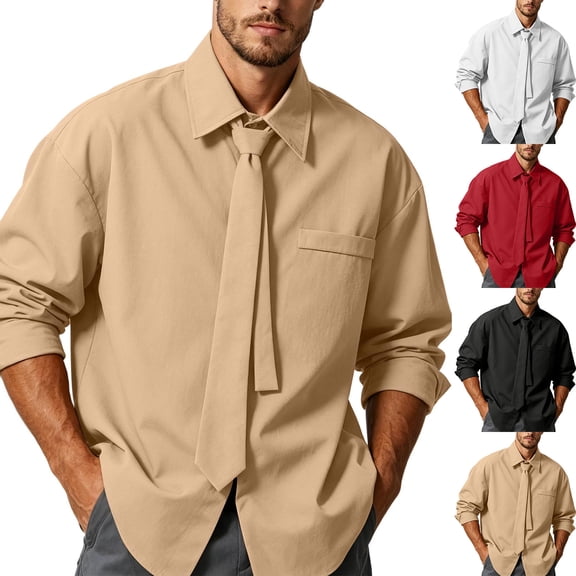 Zenithor Men's Long Sleeve Point Collar Shirts, Wrinkle-Resistant Button-Down Tops with Removable Tie, Smart Casual Business Dress Shirts, M-5XL