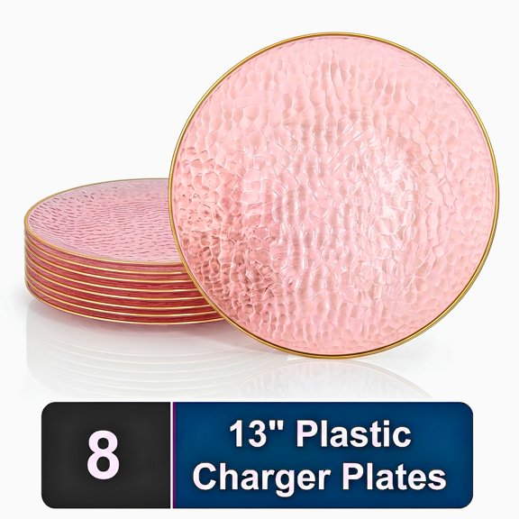 Impresserve 13 Inch Pink Hammered Charger Plates with Gold Rim, Disposable Plastic Charger Plates for Events and Dining, 8 Count