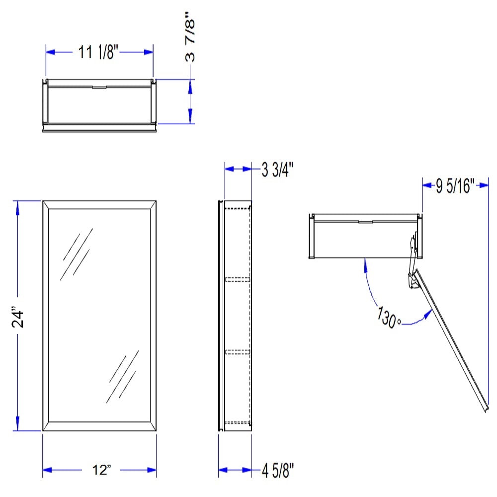 Taimei Medicine Cabinet, 12" W x 24" H x 4.5/8" D, Aluminum, Satin, Frameless Beveled Mirror