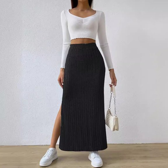 Tennis Skirts for Women Summer Skirt Women’s Slim Knit Skirt Elastic Waist Side Slit Wrap Bodycon Dress Elegant Knit Length for Everyday Wear Black M