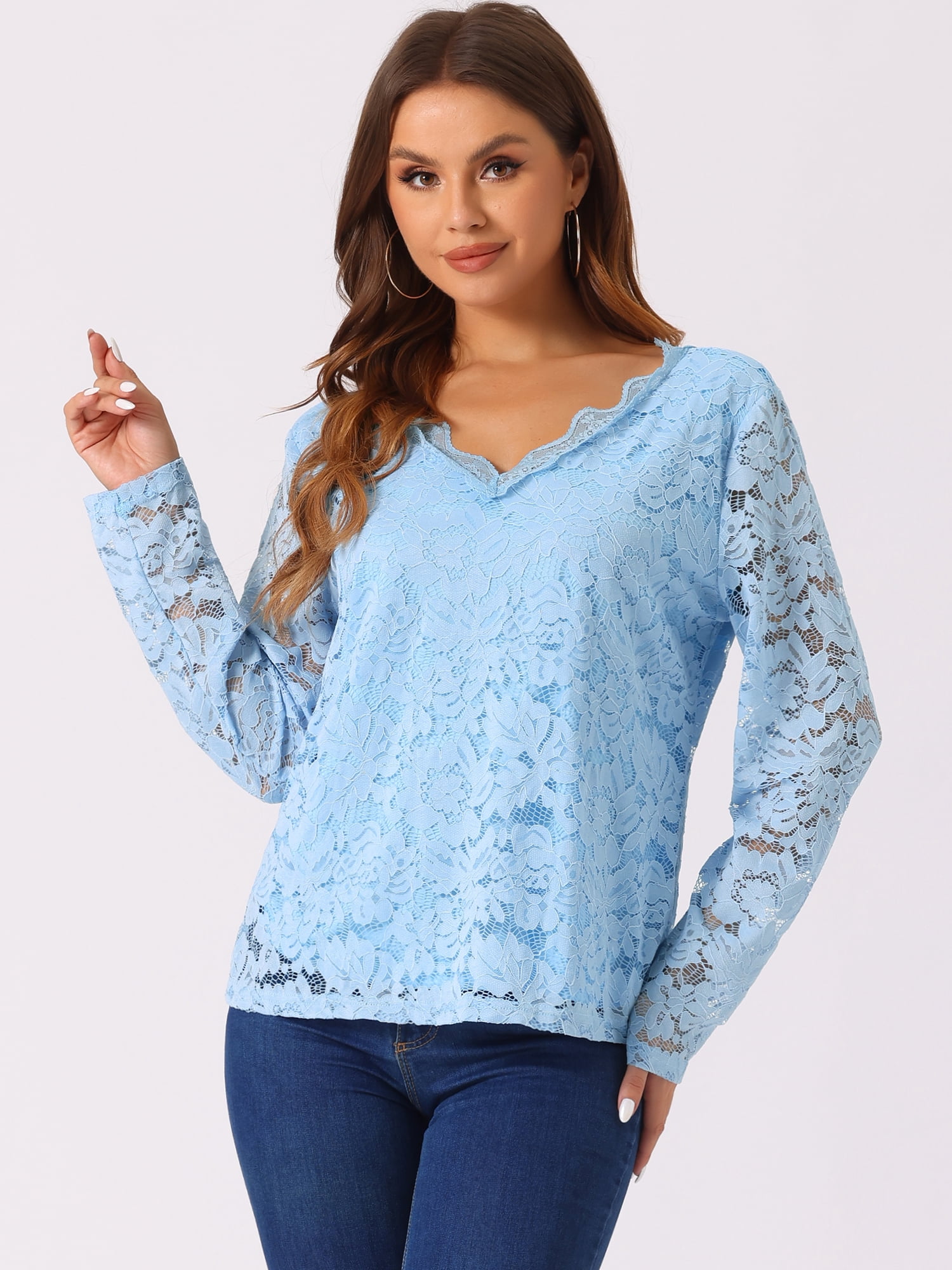 DARING DIVA Floral V-Neck Lace Scalloped Trim Blouse S Sky Blue